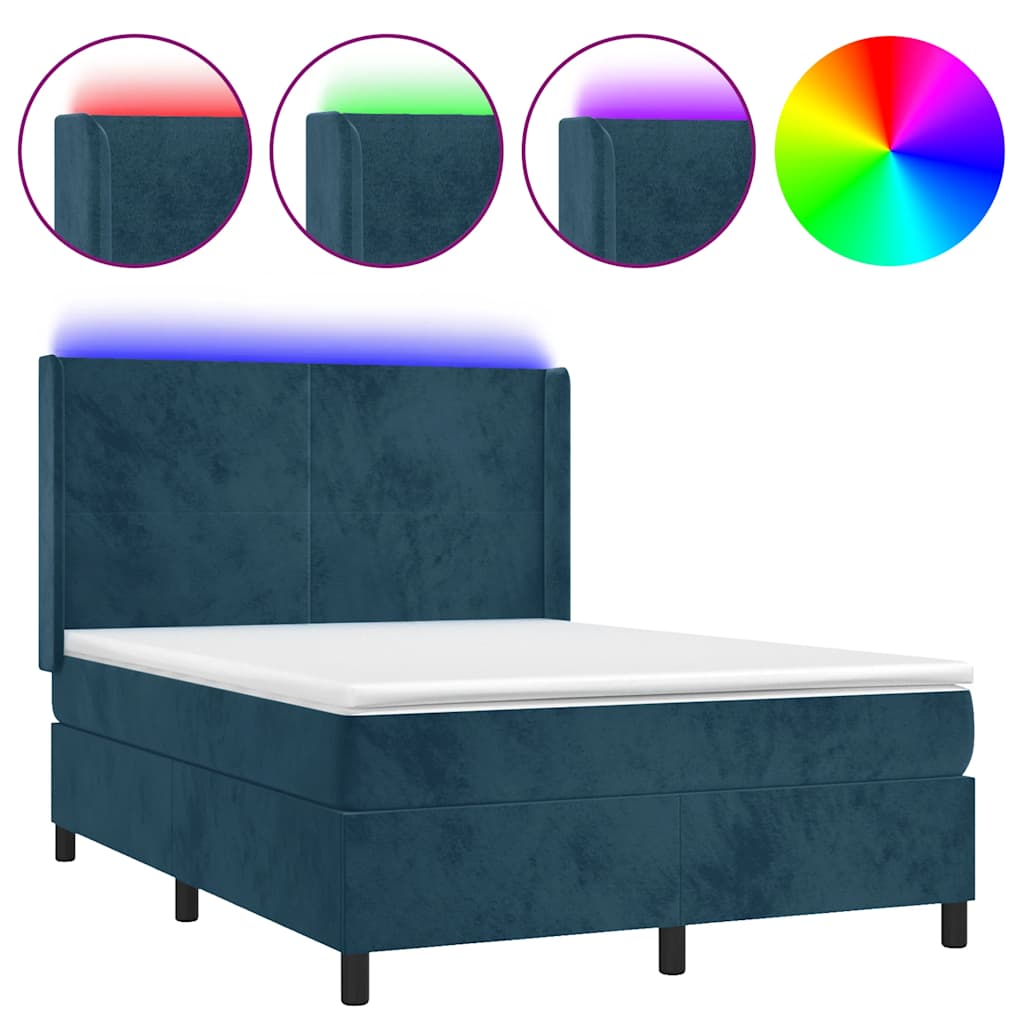 Krevet box spring s madracem LED tamnoplavi 140x200 cm baršun
