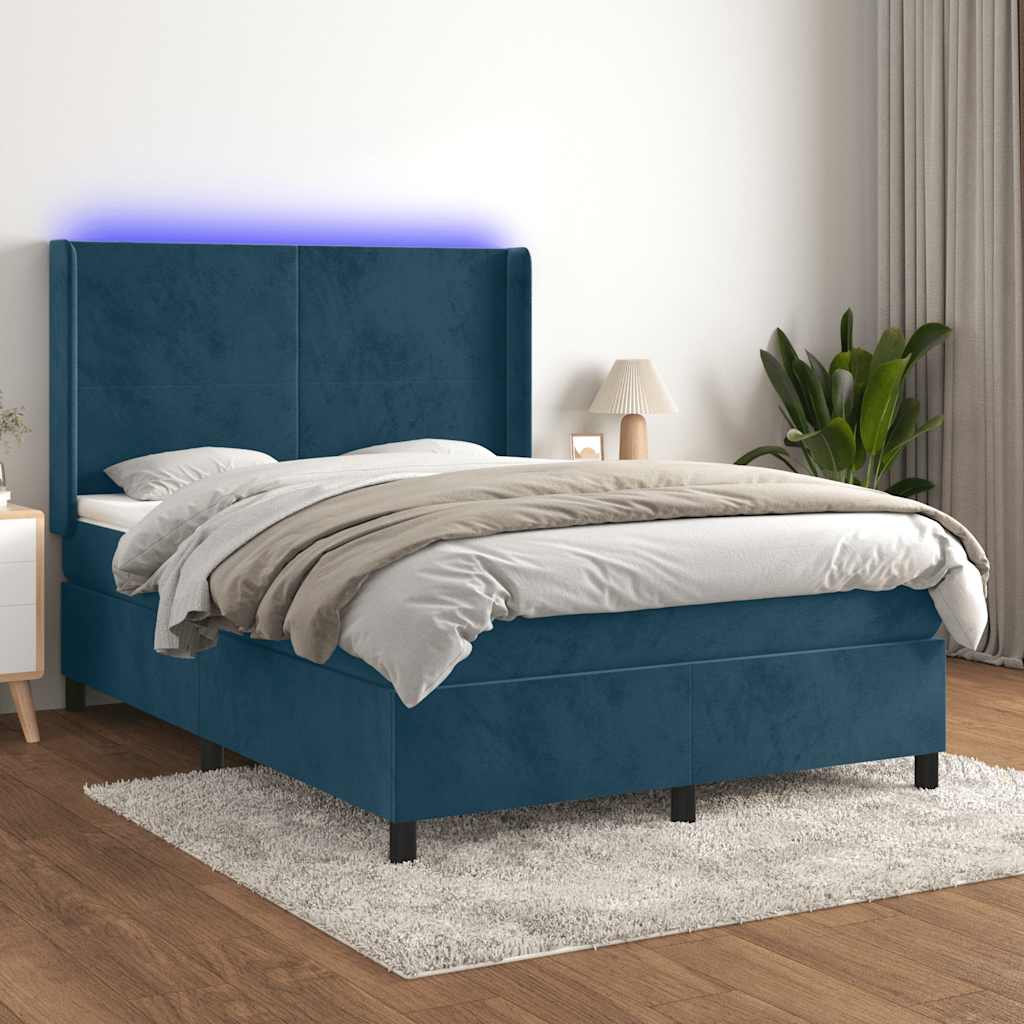 Krevet box spring s madracem LED tamnoplavi 140x200 cm baršun