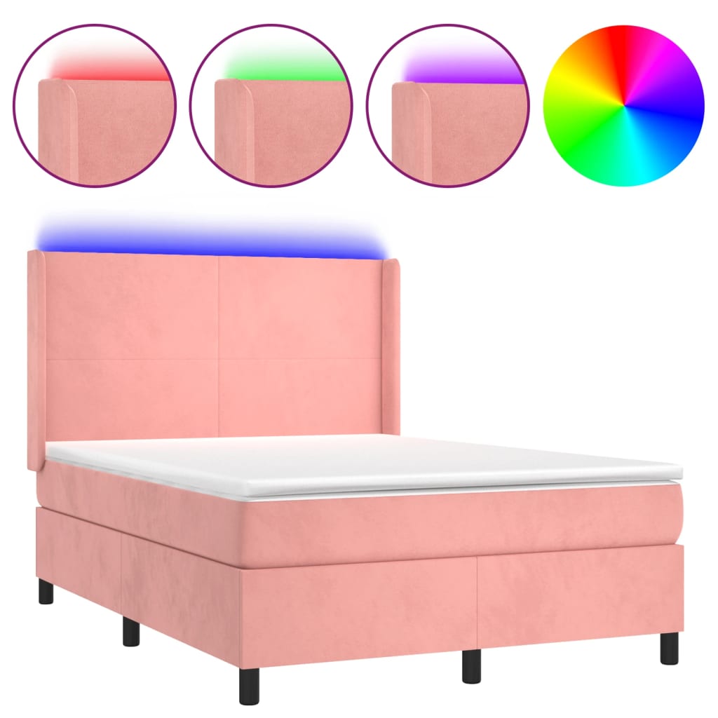 Krevet box spring s madracem LED ružičasti 140x200cm baršunasti