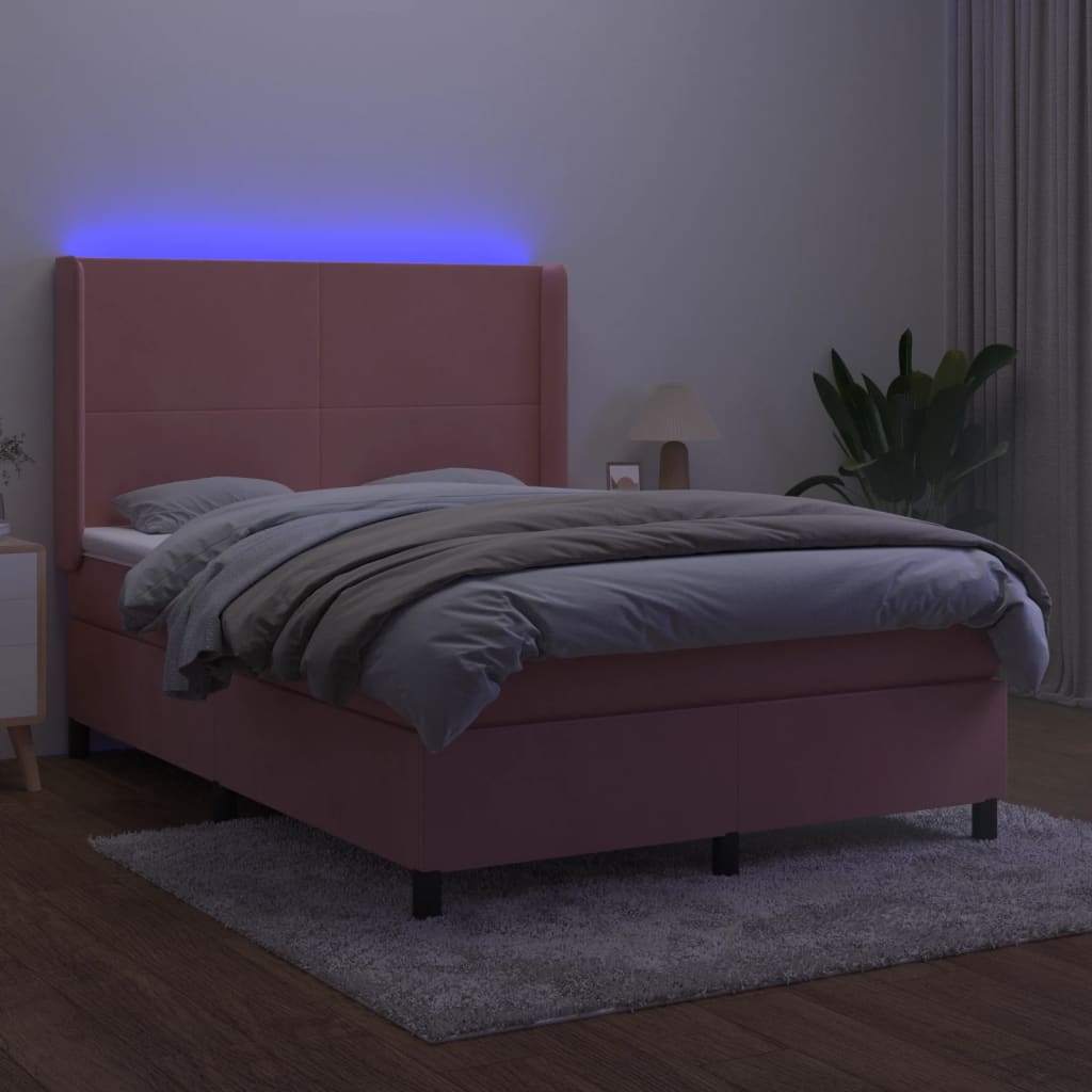 Krevet box spring s madracem LED ružičasti 140x200cm baršunasti