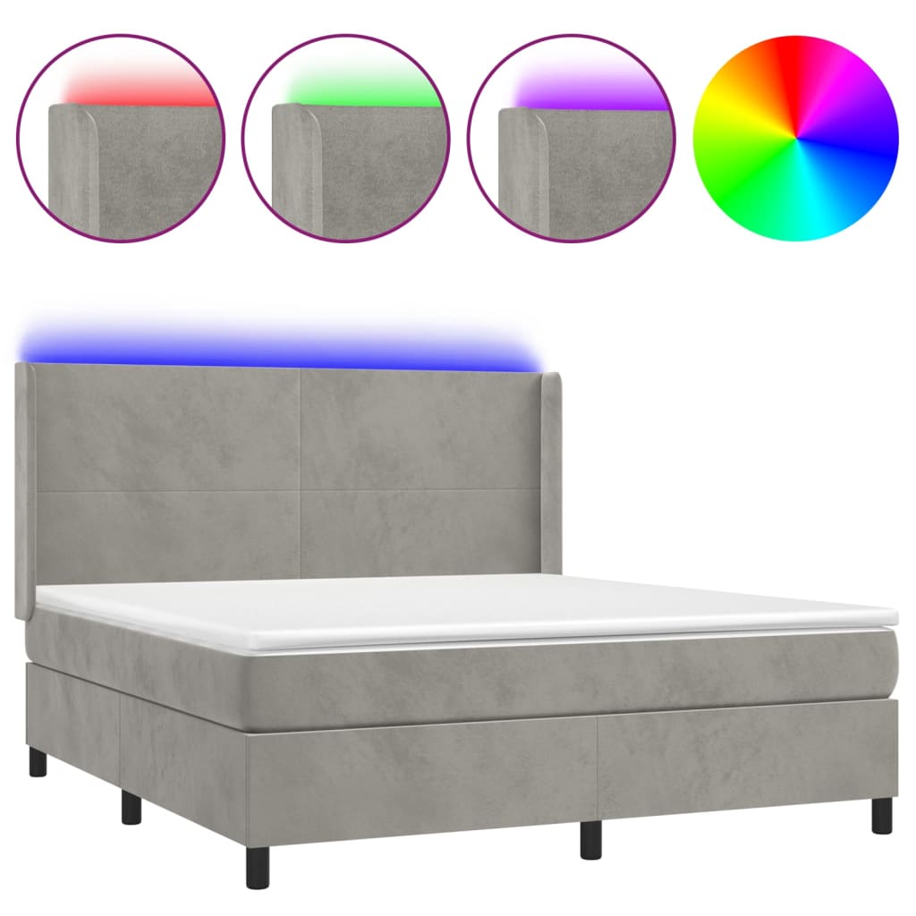Krevet box spring s madracem LED svjetlosivi 180x200 cm baršun