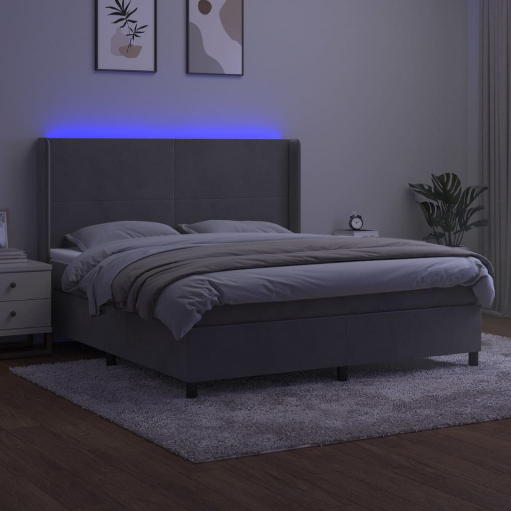 Krevet box spring s madracem LED svjetlosivi 180x200 cm baršun