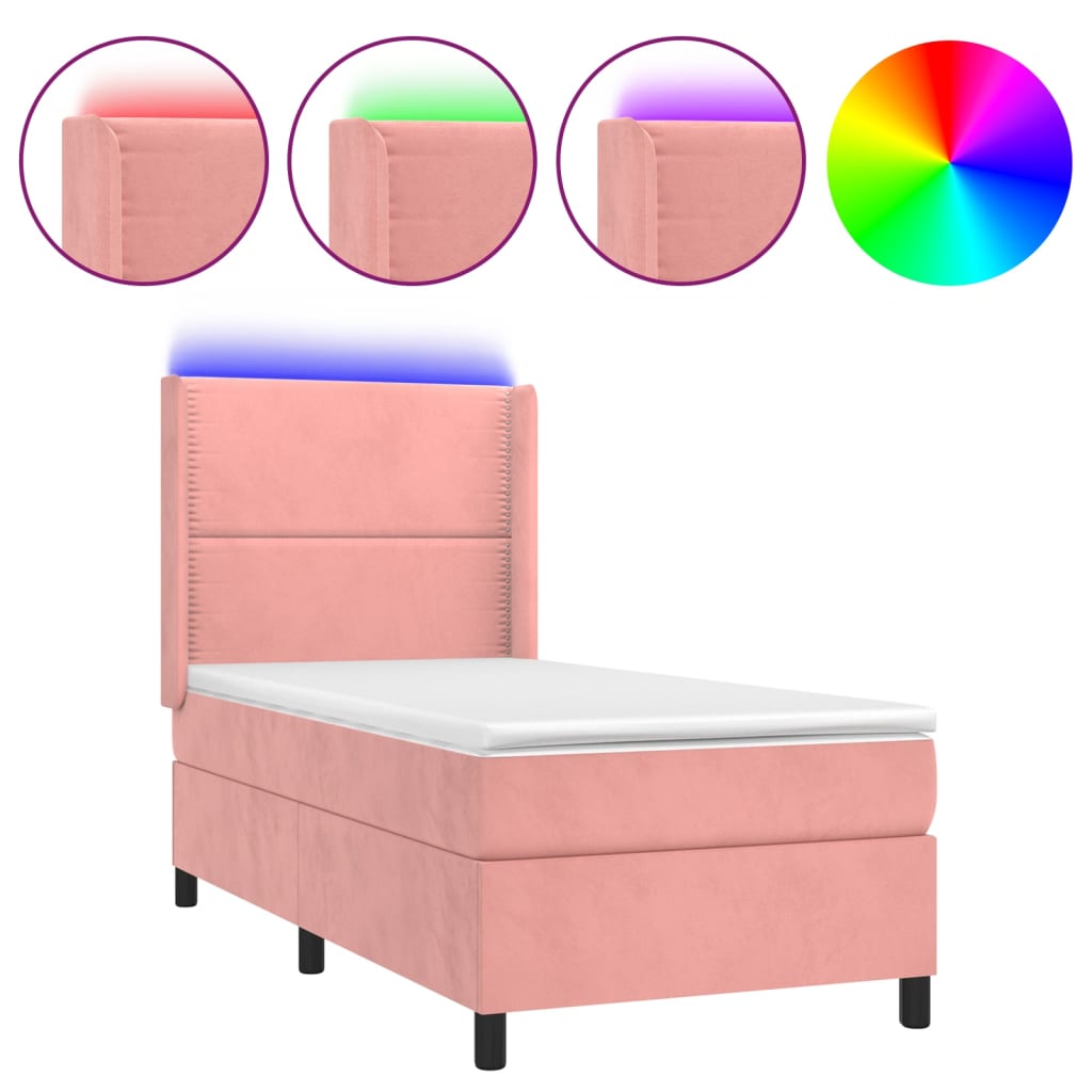 Krevet box spring s madracem LED ružičasti 90x200 cm baršunasti