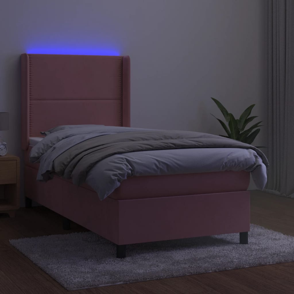 Krevet box spring s madracem LED ružičasti 90x200 cm baršunasti