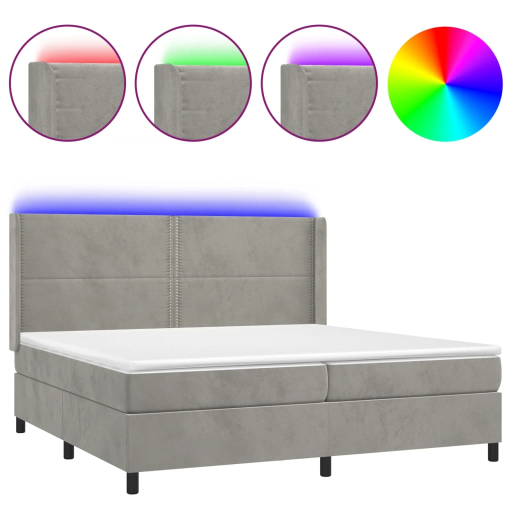 Krevet box spring s madracem LED svjetlosivi 200x200 cm baršun