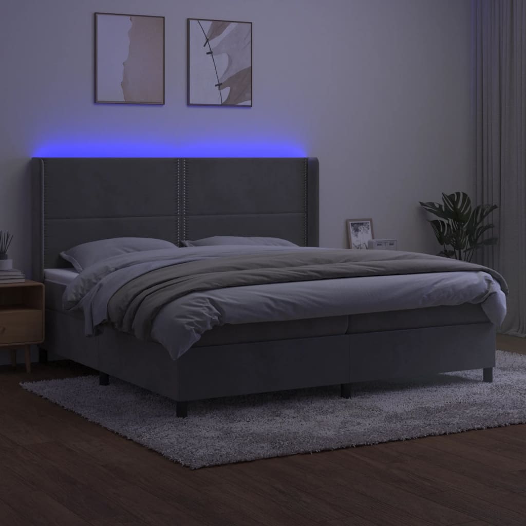 Krevet box spring s madracem LED svjetlosivi 200x200 cm baršun