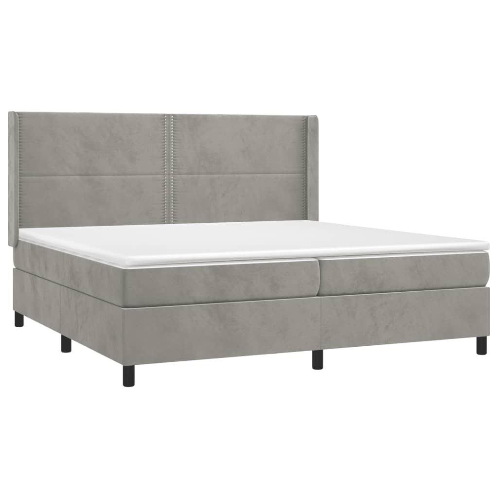 Krevet box spring s madracem LED svjetlosivi 200x200 cm baršun