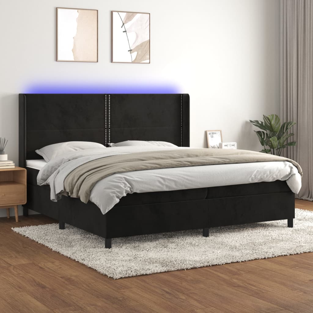 Krevet box spring s madracem LED crni 200x200 cm baršun