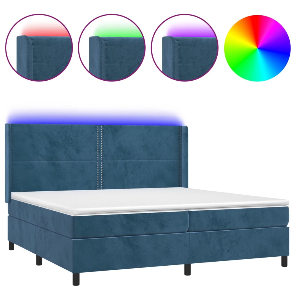 Krevet box spring s madracem LED tamnoplavi 200x200 cm baršun