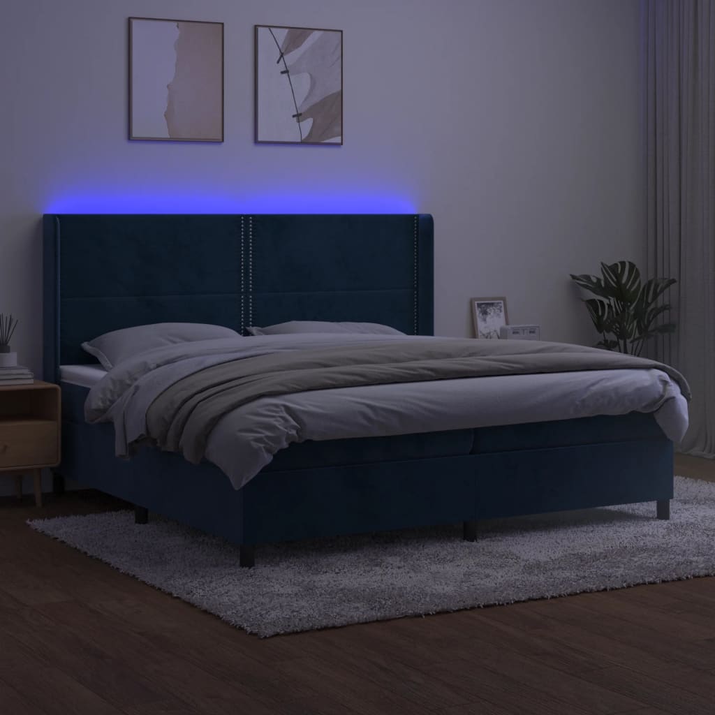 Krevet box spring s madracem LED tamnoplavi 200x200 cm baršun