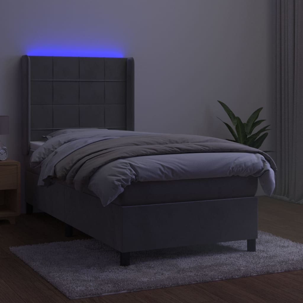 Krevet box spring s madracem LED svjetlosivi 90x190 cm baršun