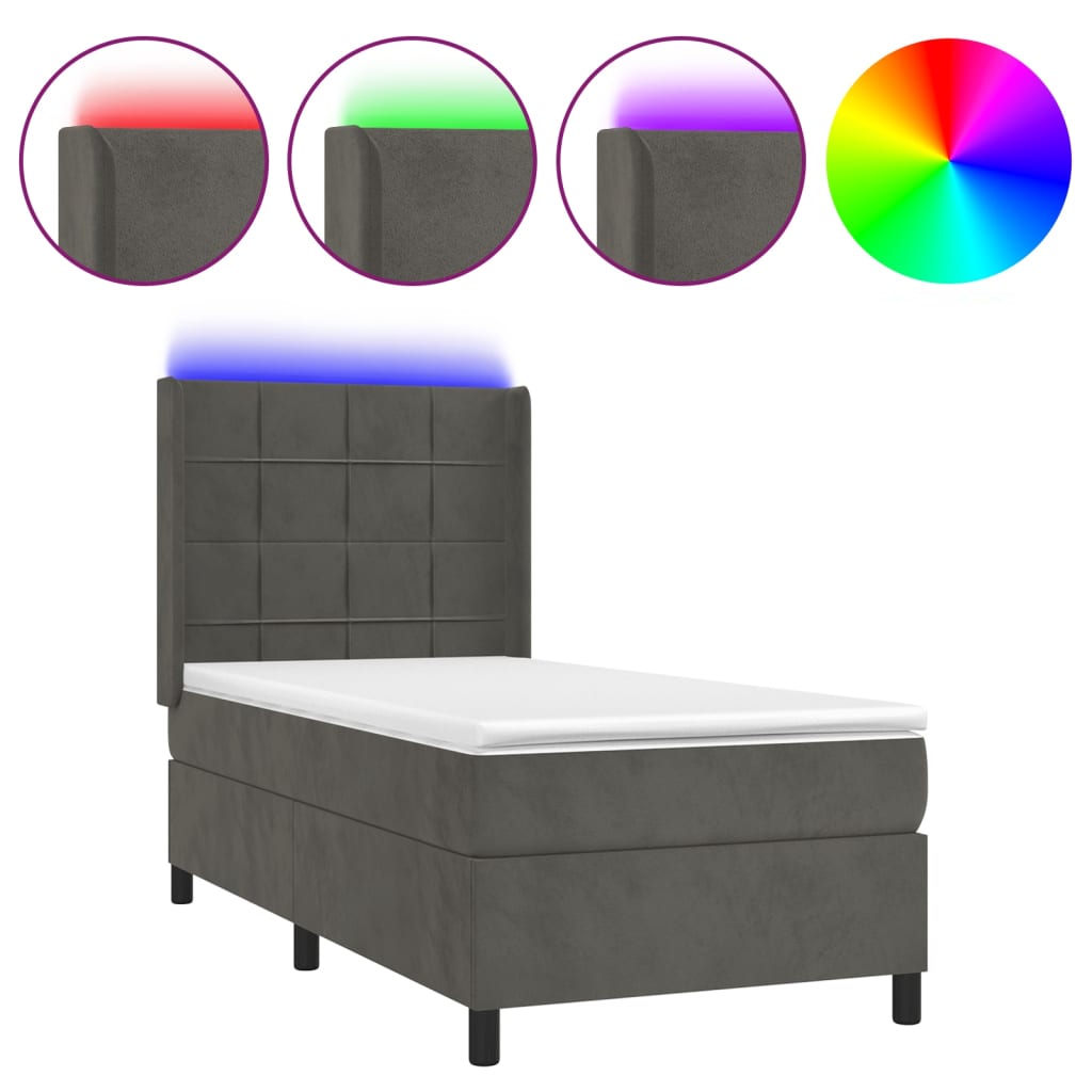 Krevet box spring s madracem LED tamnosivi 100x200 cm baršun