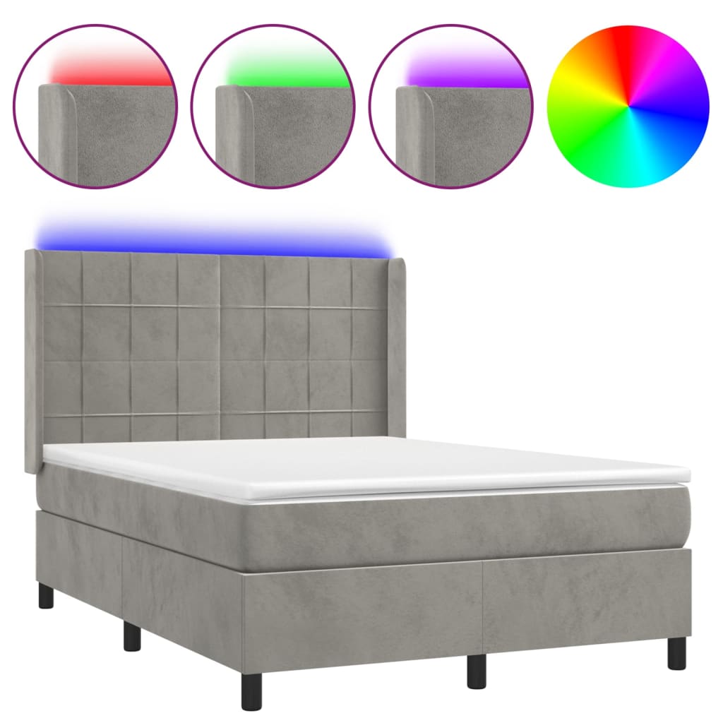 Krevet box spring s madracem LED svjetlosivi 140x190 cm baršun