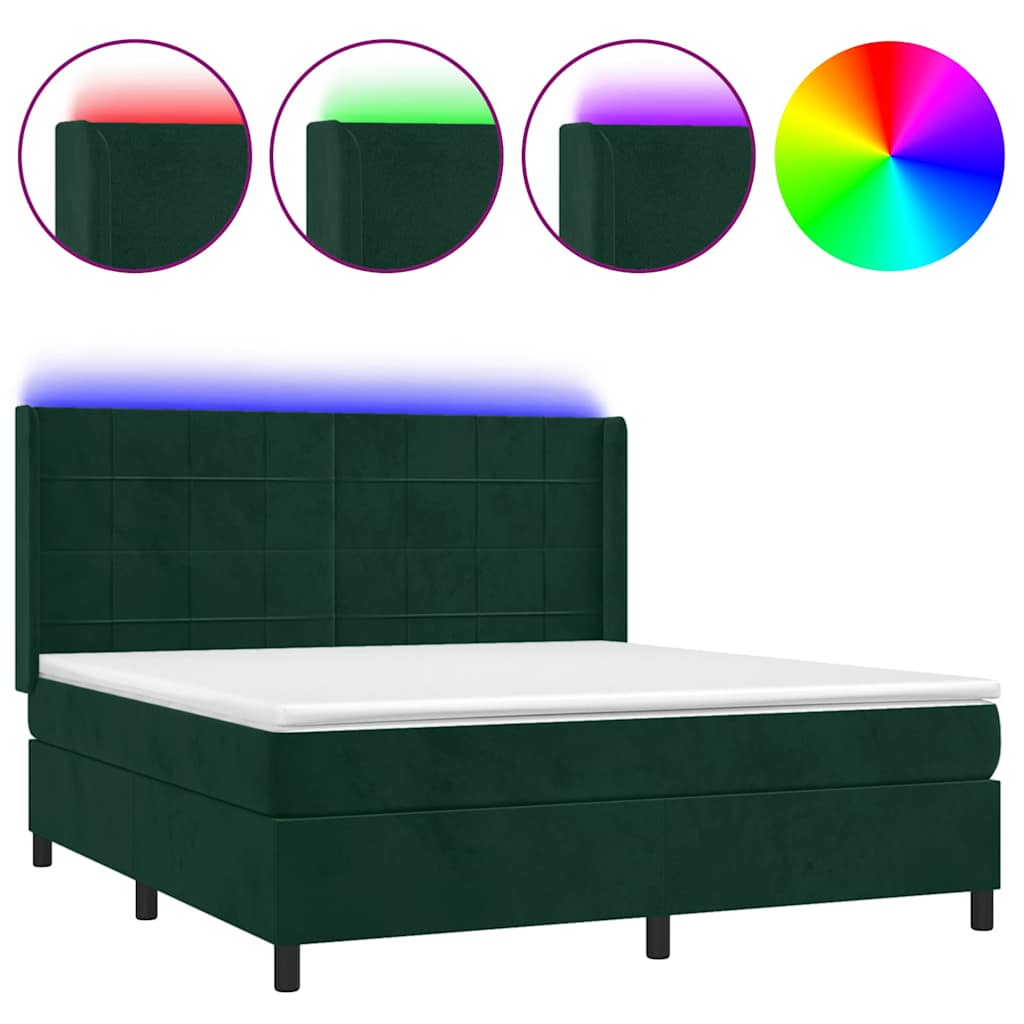 Krevet box spring s madracem LED tamnozeleni 160x200 cm baršun