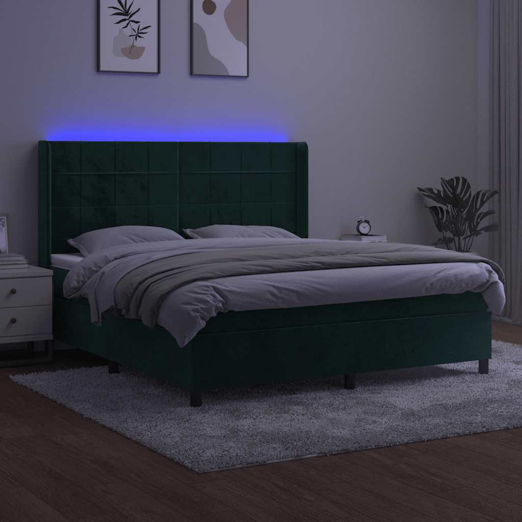 Krevet box spring s madracem LED tamnozeleni 160x200 cm baršun