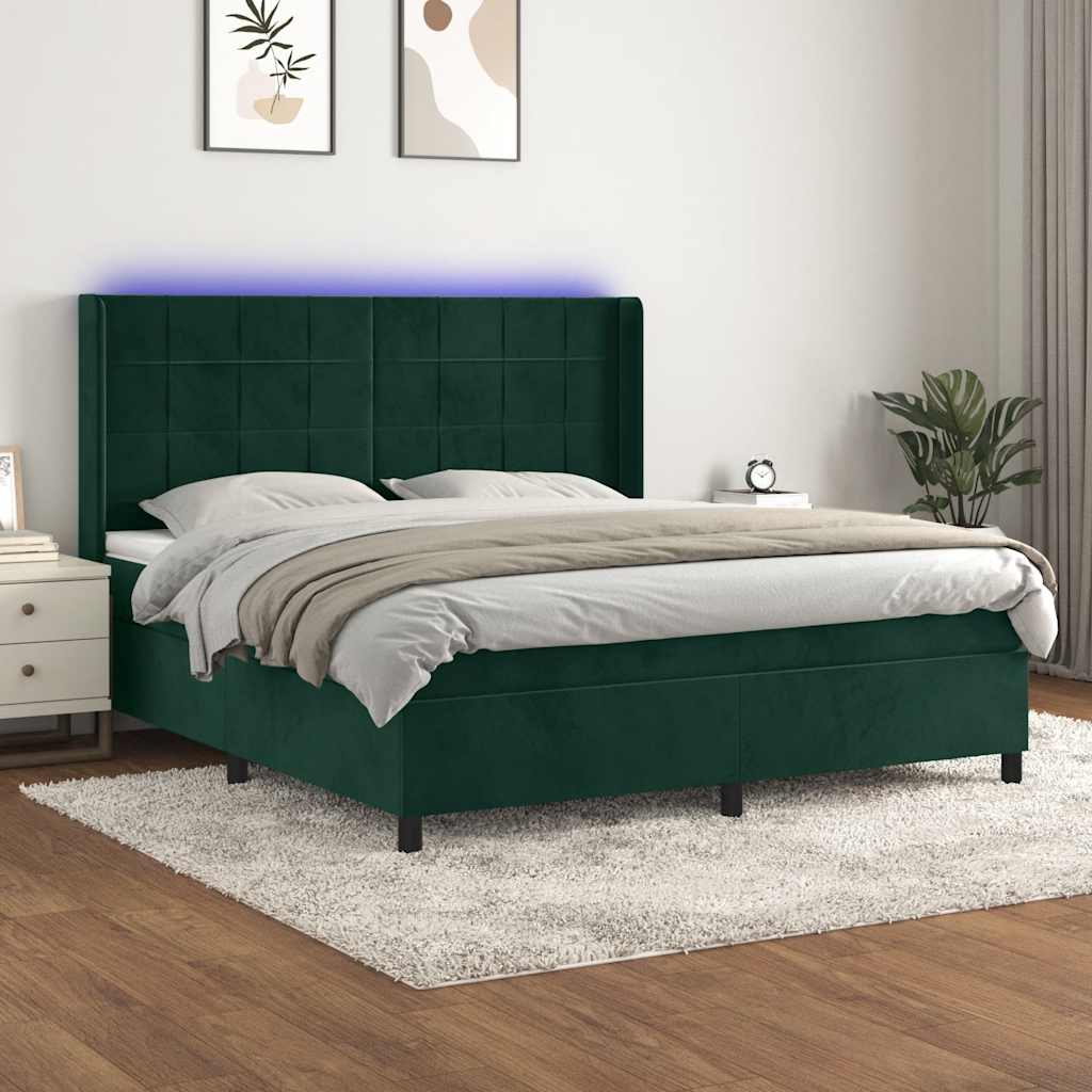 Krevet box spring s madracem LED tamnozeleni 160x200 cm baršun
