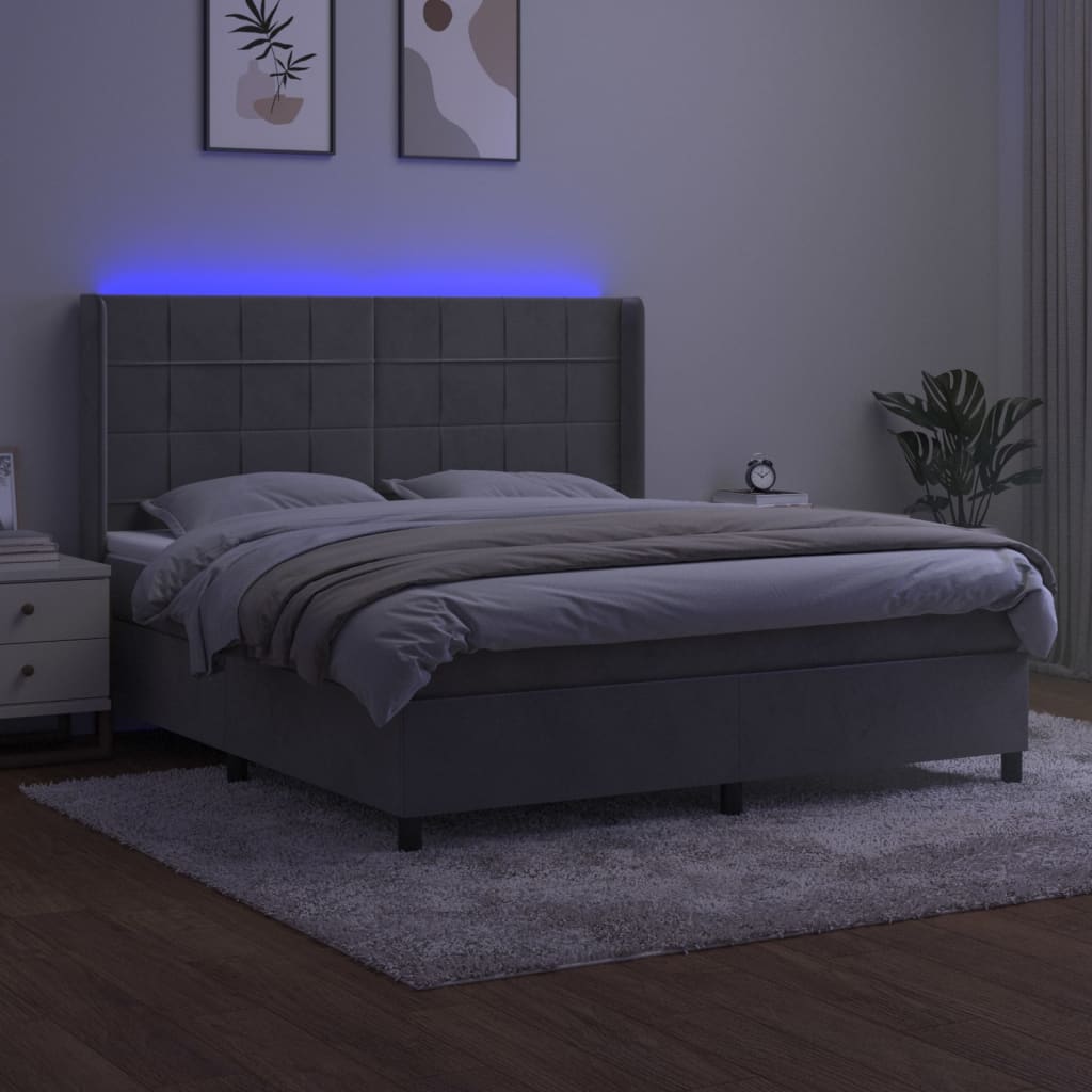 Krevet box spring s madracem LED svjetlosivi 180x200 cm baršun