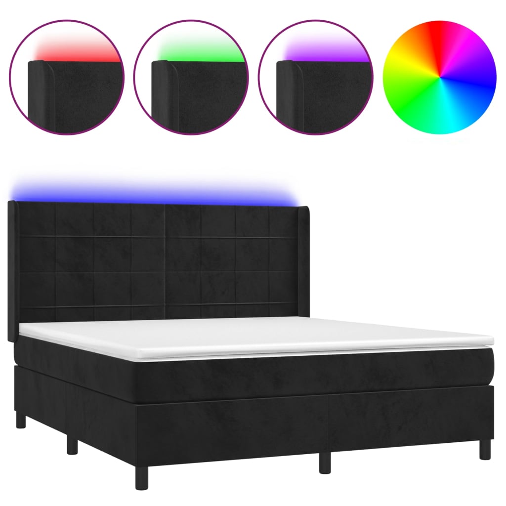 Krevet box spring s madracem LED crni 180x200 cm baršun