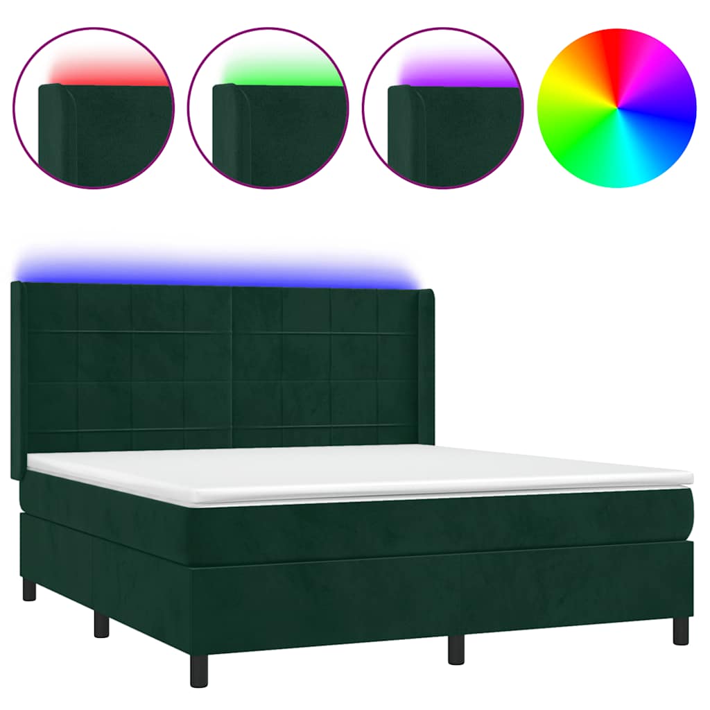 Krevet box spring s madracem LED tamnozeleni 180x200 cm baršun