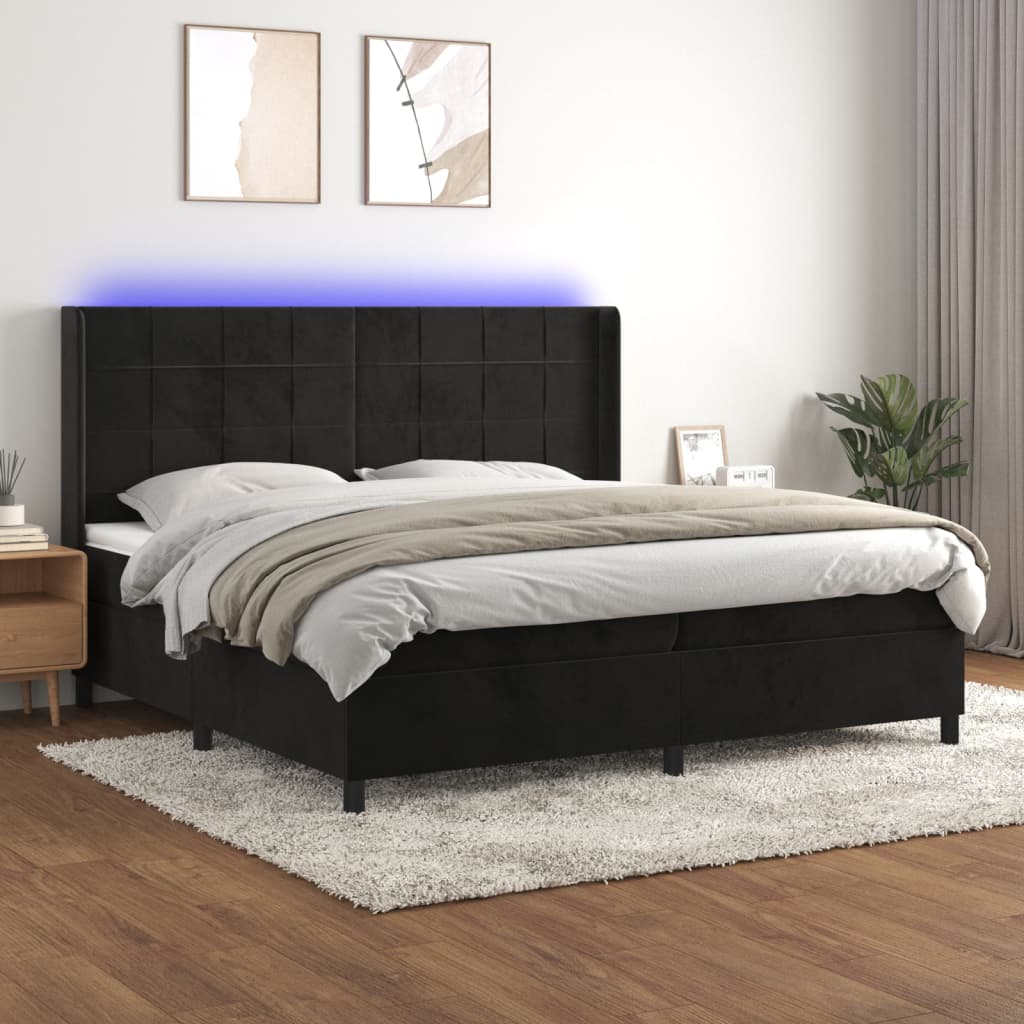 Krevet box spring s madracem LED crni 200x200 cm baršun