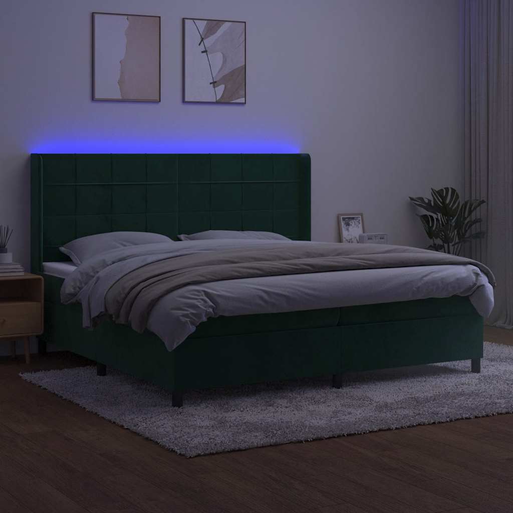 Krevet box spring s madracem LED tamnozeleni 200x200 cm baršun