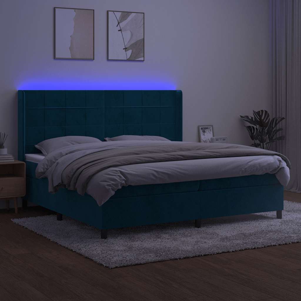 Krevet box spring s madracem LED tamnoplavi 200x200 cm baršun
