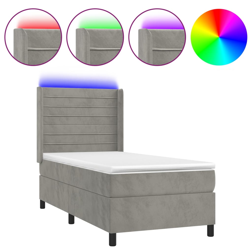 Krevet box spring s madracem LED svjetlosivi 90x190 cm baršun