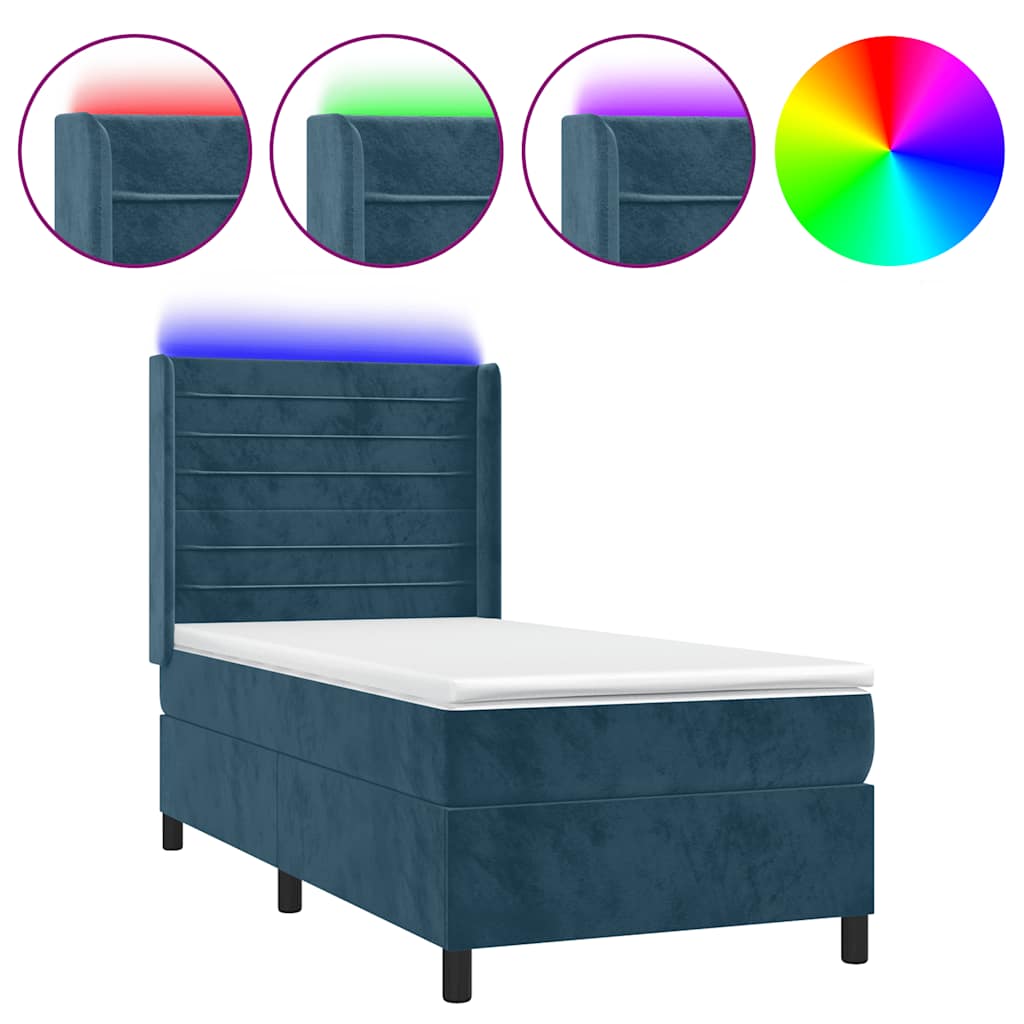 Krevet box spring s madracem LED tamnoplavi 90x190 cm baršun