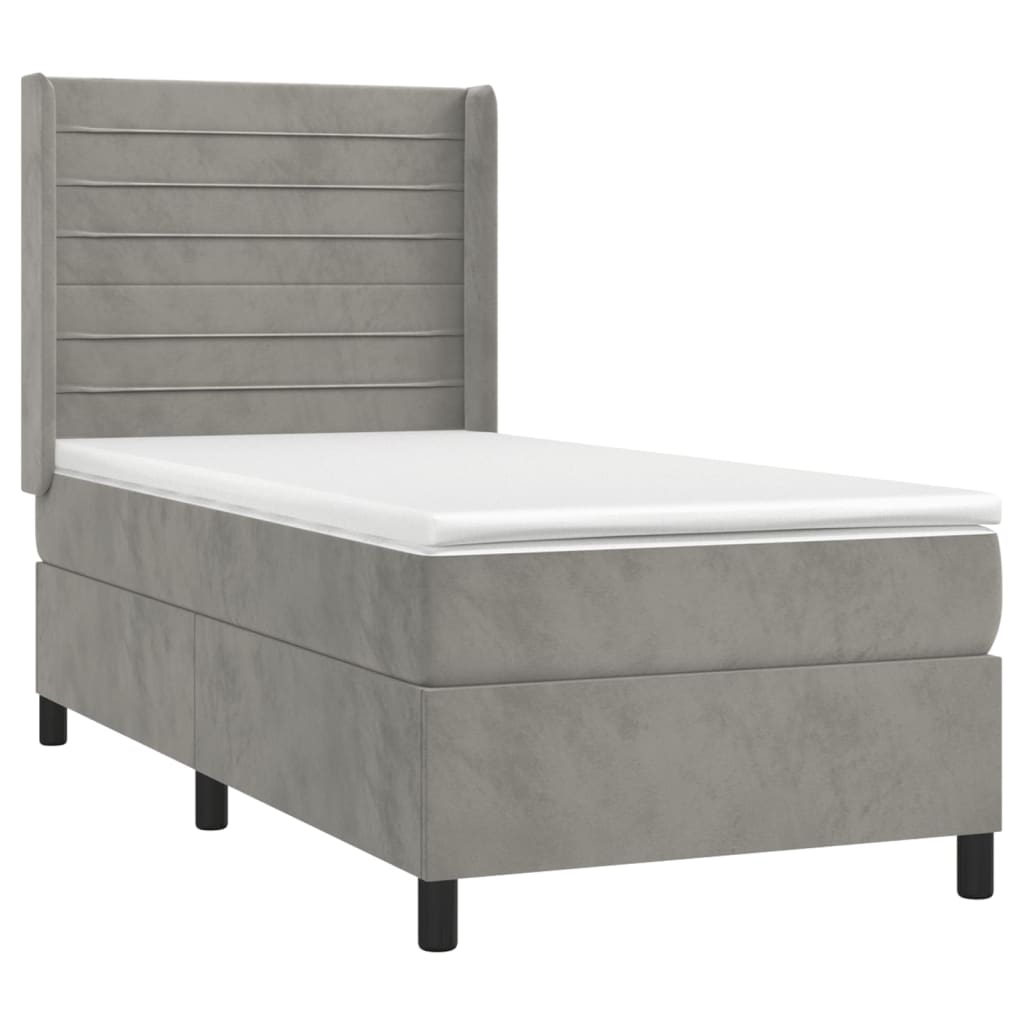 Krevet box spring s madracem LED svjetlosivi 100x200 cm baršun