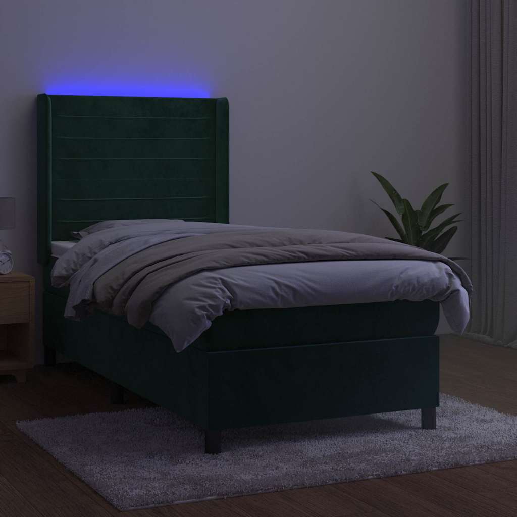 Krevet box spring s madracem LED tamnozeleni 100x200 cm baršun