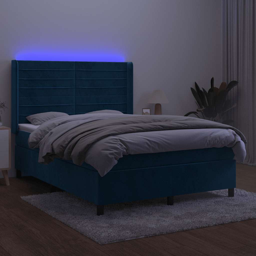 Krevet box spring s madracem LED tamnoplavi 140x190 cm baršun