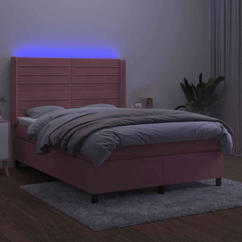 Krevet box spring s madracem LED ružičasti 140x190cm baršunasti