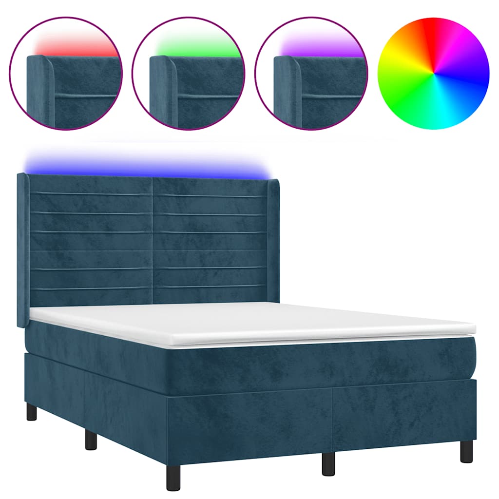 Krevet box spring s madracem LED tamnoplavi 140x200 cm baršun