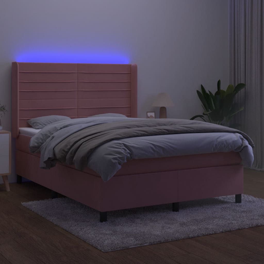 Krevet box spring s madracem LED ružičasti 140x200cm baršunasti