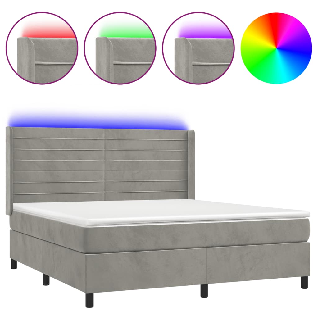 Krevet box spring s madracem LED svjetlosivi 160x200 cm baršun