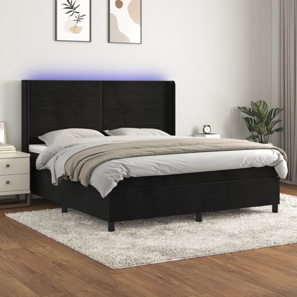 Krevet box spring s madracem LED crni 160x200 cm baršun