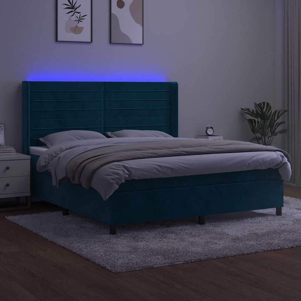 Krevet box spring s madracem LED tamnoplavi 160x200 cm baršun