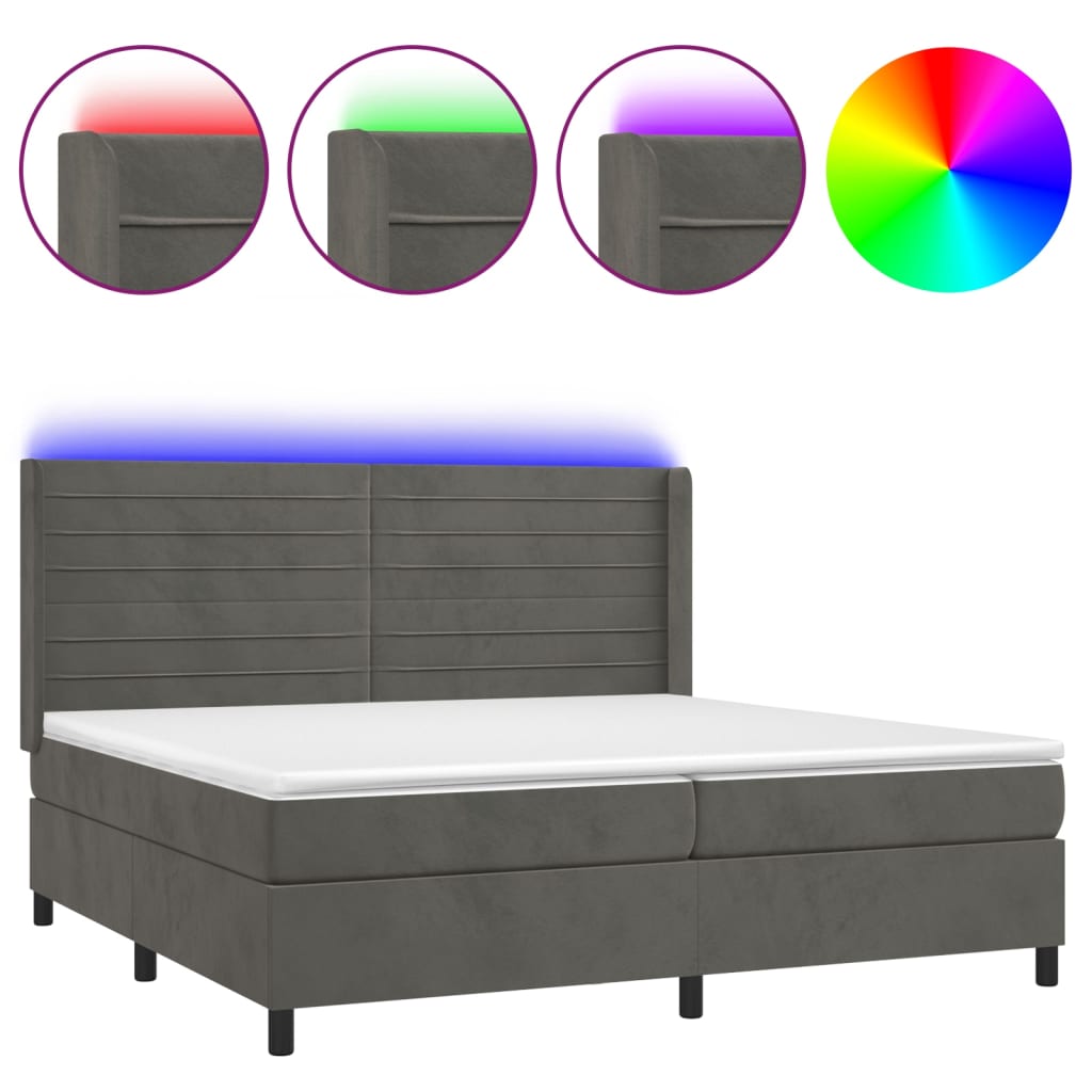 Krevet box spring s madracem LED tamnosivi 200x200 cm baršun