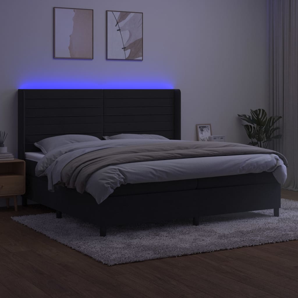 Krevet box spring s madracem LED crni 200x200 cm baršun