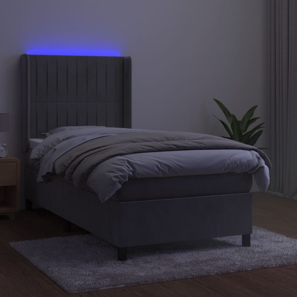 Krevet box spring s madracem LED svjetlosivi 90x190 cm baršun