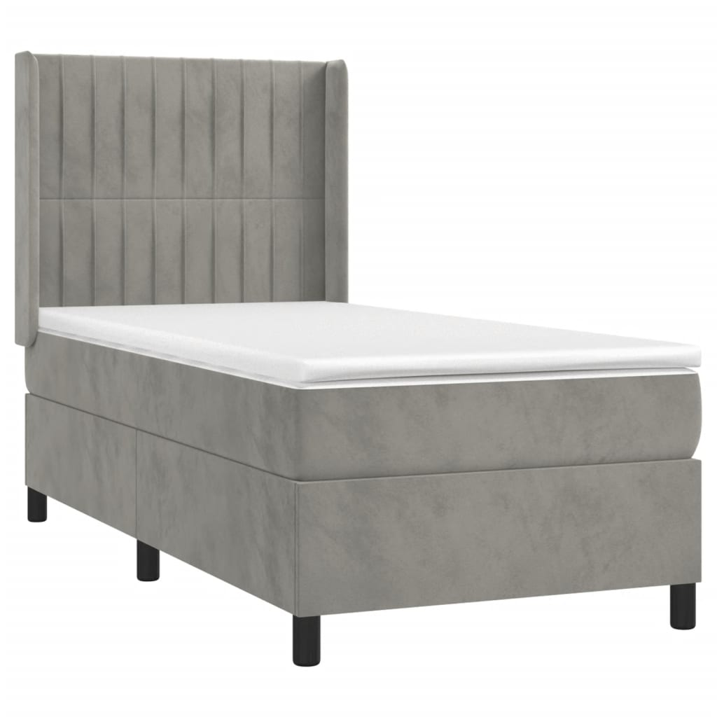 Krevet box spring s madracem LED svjetlosivi 90x190 cm baršun