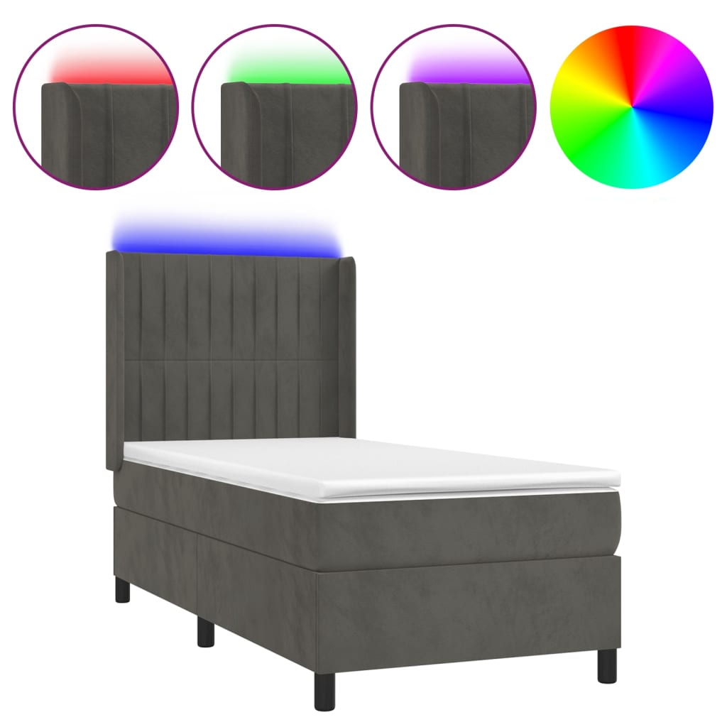 Krevet box spring s madracem LED tamnosivi 90x190 cm baršun