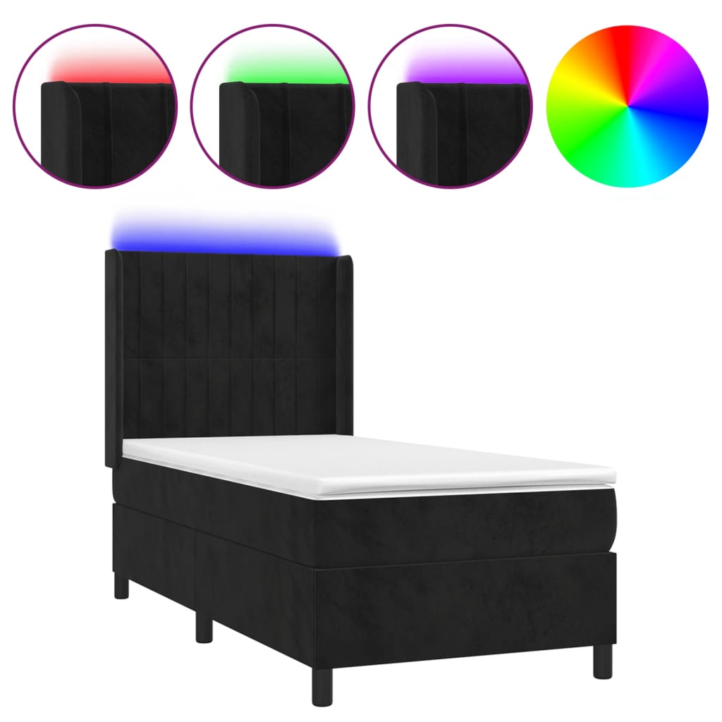 Krevet box spring s madracem LED crni 90x200 cm baršun