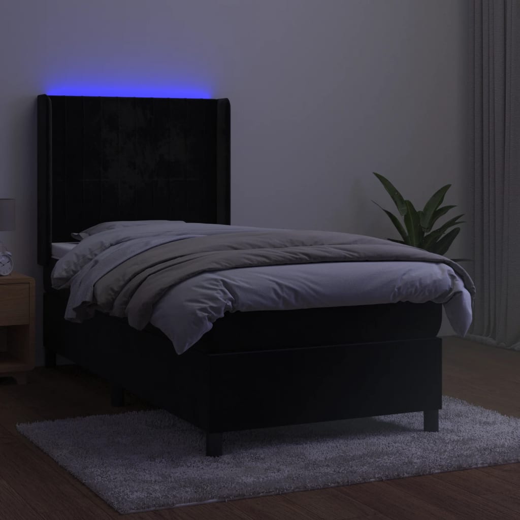 Krevet box spring s madracem LED crni 90x200 cm baršun