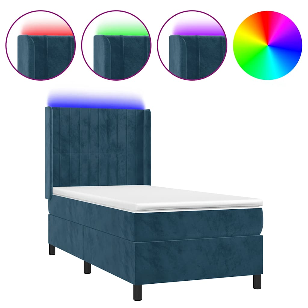 Krevet box spring s madracem LED tamnoplavi 90x200 cm baršun