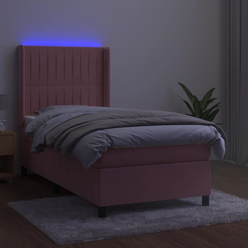 Krevet box spring s madracem LED ružičasti 90x200 cm baršunasti