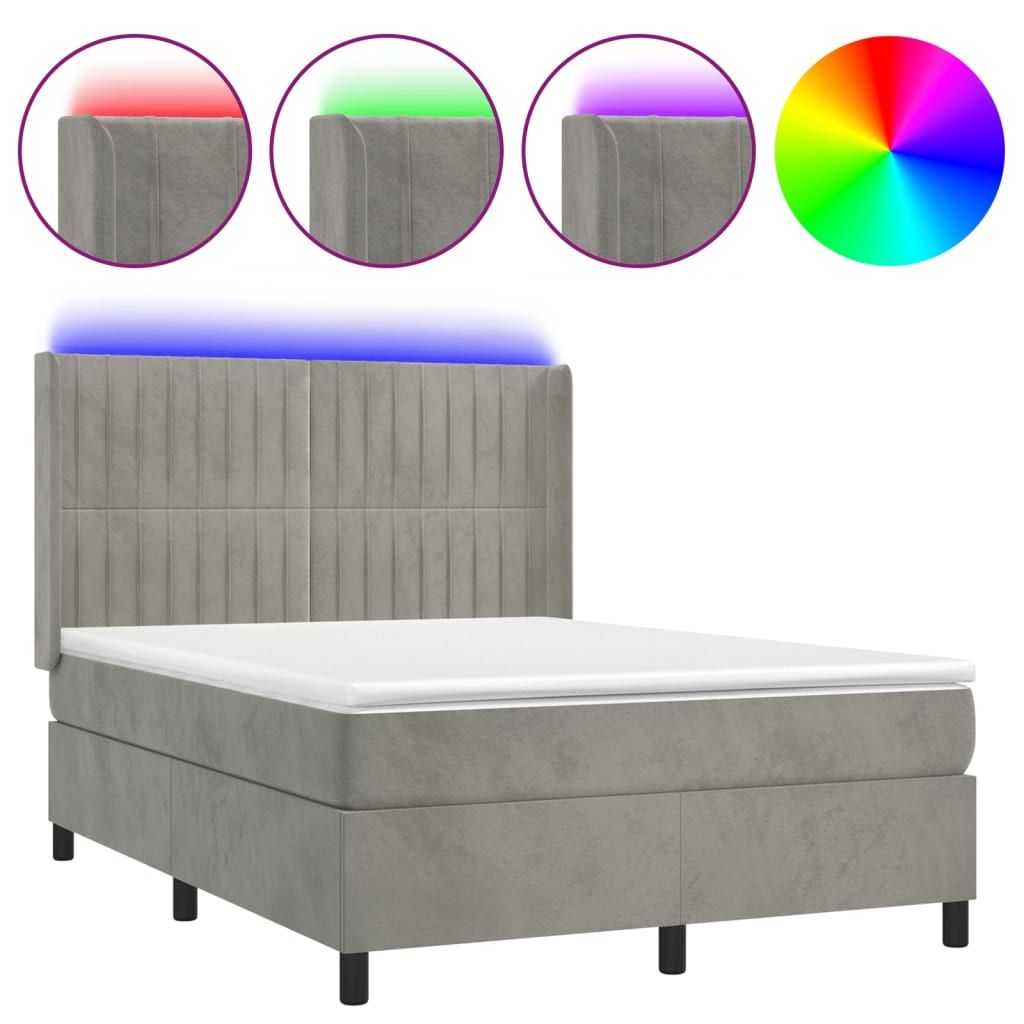 Krevet box spring s madracem LED svjetlosivi 140x190 cm baršun