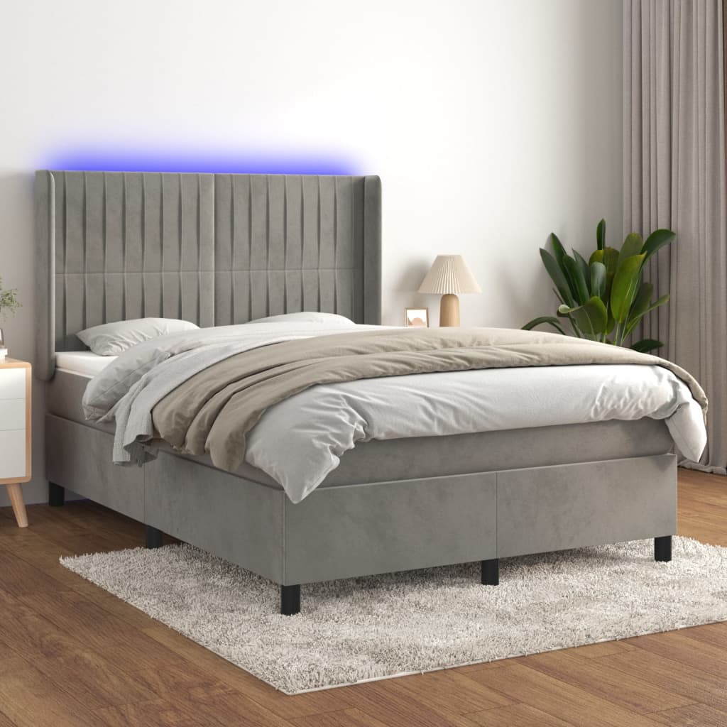Krevet box spring s madracem LED svjetlosivi 140x190 cm baršun