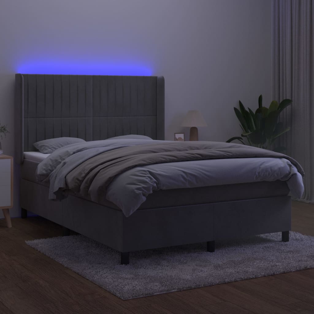 Krevet box spring s madracem LED svjetlosivi 140x200 cm baršun