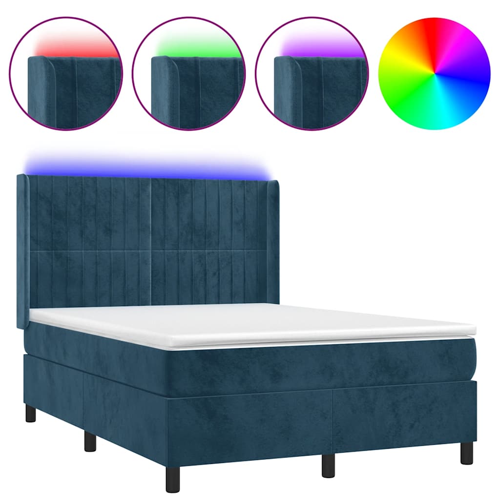 Krevet box spring s madracem LED tamnoplavi 140x200 cm baršun